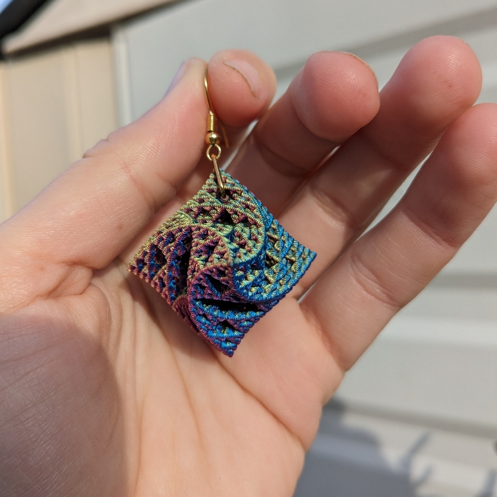 Color Changing Rainbow 3D Printed Warped Sierpinski Octahedron Earrings; fractal